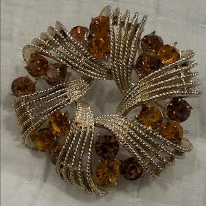 Coro Gold-Tone Circular Brooch with Amber Stones